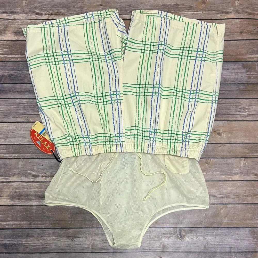 Tommy Bahama Ivory Green Blue Plaid Company Elastic Waistband Swim Trunks XL NWT